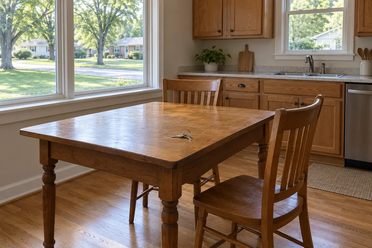 A kitchen table with a set of keys