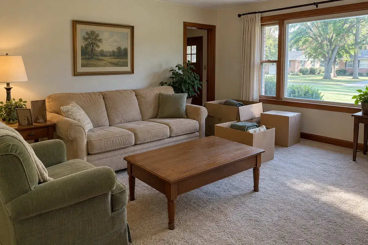 Living room of an older family home with a few packed boxes