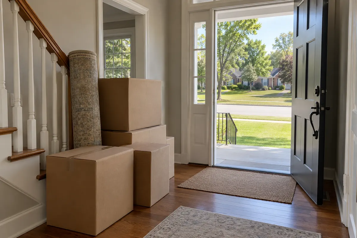 Moving boxes stacked by the front door of a house