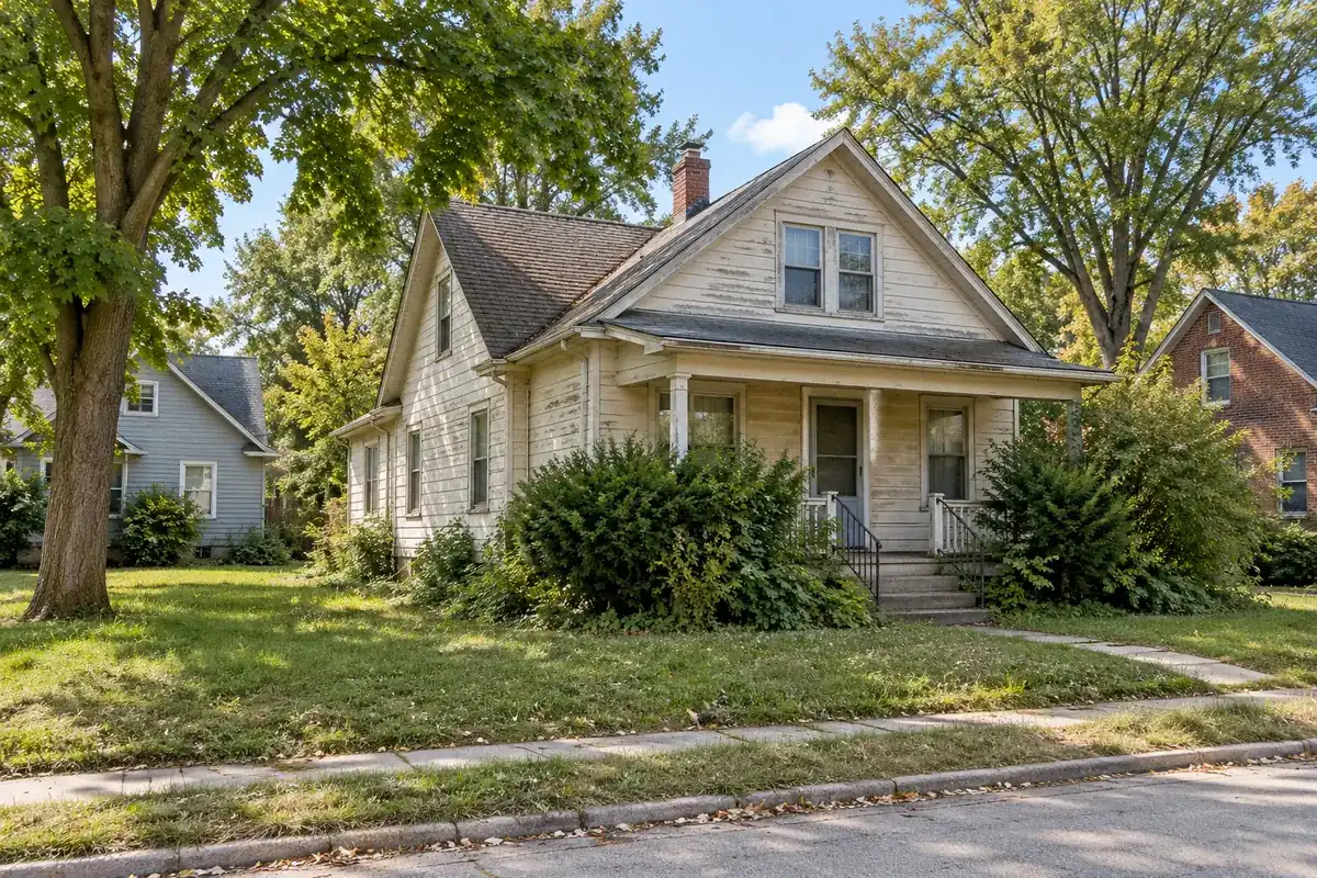 A house with peeling paint and worn roof shingles that needs repairs